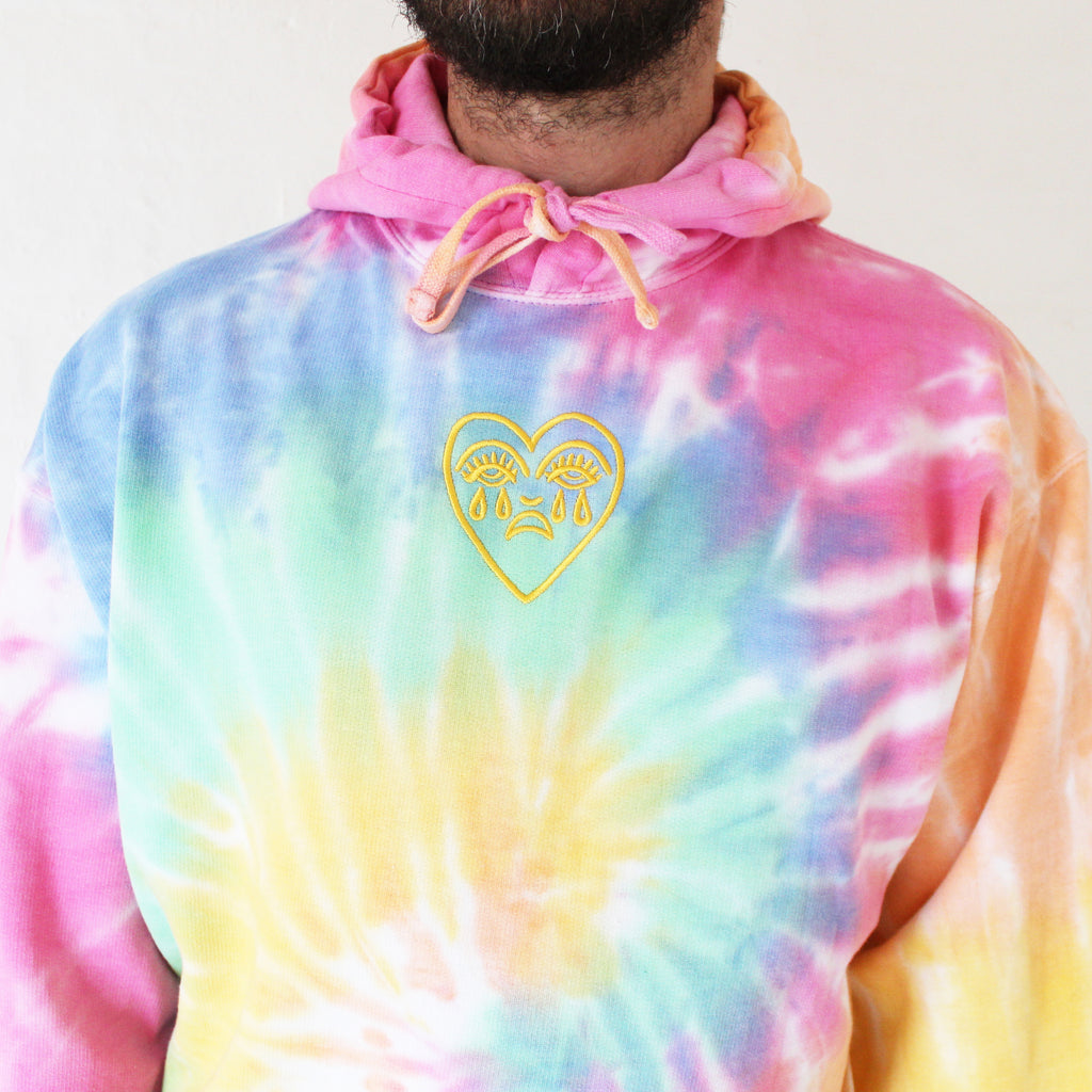Crying Heart Embroidered Rainbow Tie Dye Hoodie Pastel Multi