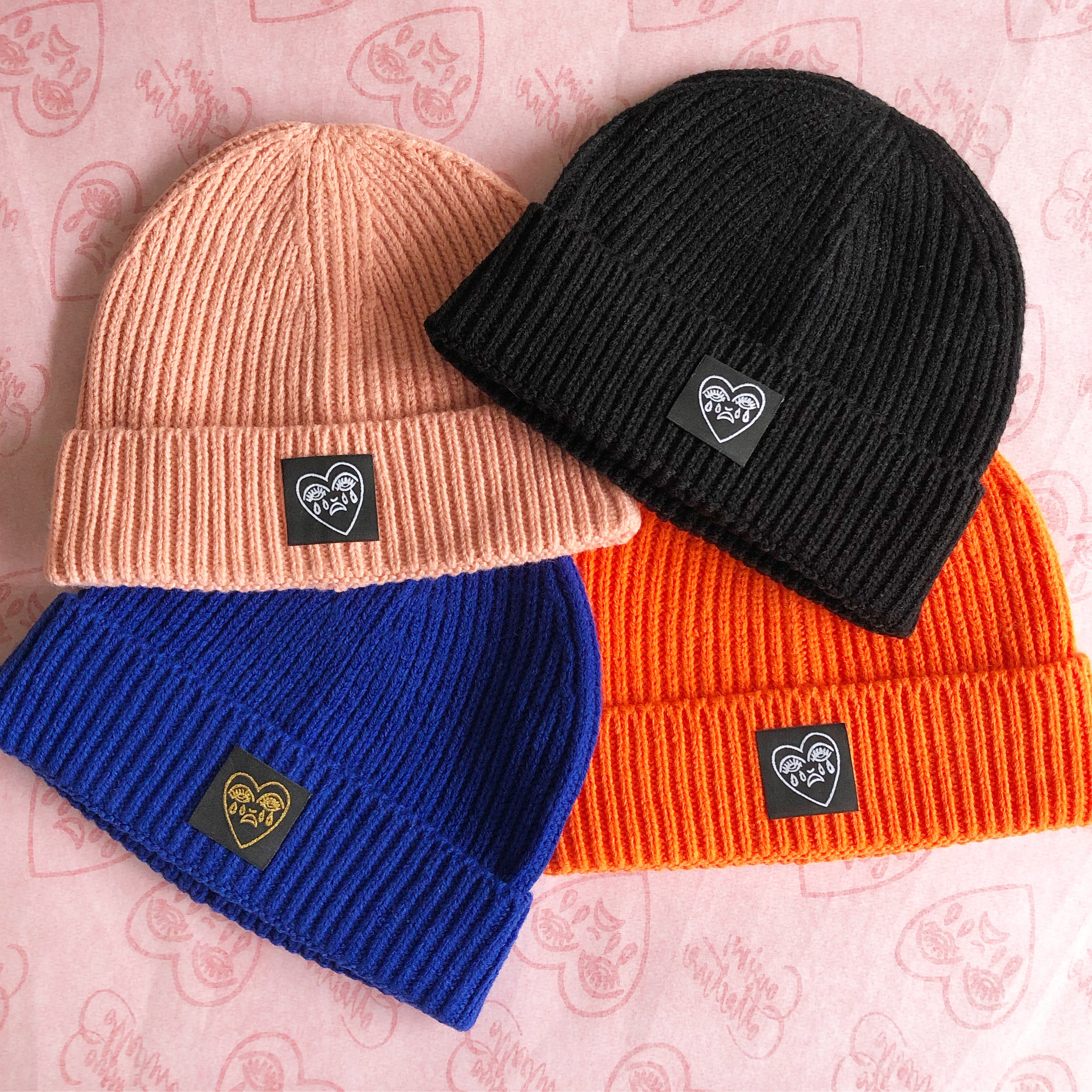 Crying Heart Patch Ribbed Beanie Winter Hat Bert Grimm Tattoo
