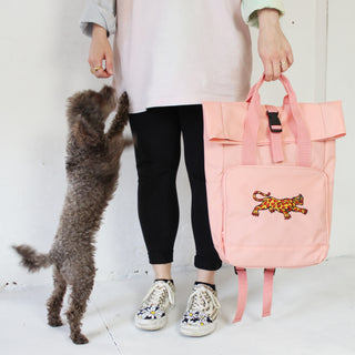 Heart Panther Embroidered Roll-Top Backpack